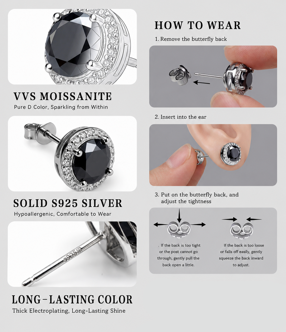 Men's Black Moissanite s925 Stud Earrings